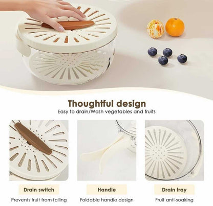 2 in 1 Drainer and Strainer, Draining Basket with Lid - Multifunctional Fruit Vegetable Washing Basket - Drainer with Foldable Handle